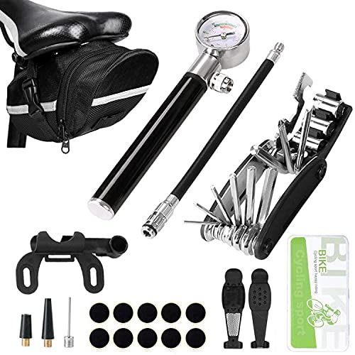  자전거 정비 공구 수리Odoland Bike Tire Repair Tool Kit with 210 PSI Gauge Hand Pump Fits Presta and Schrader Valve, 16 in 1 Multi Bicycle Fix Tools, Patch Tool Tyre Puncture Repair Kit and Work Bag