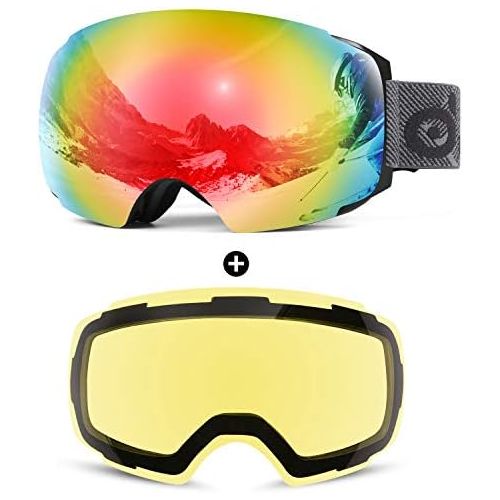  Odoland Magnetic Interchangeable Ski Goggles with 2 Lens, Large Spherical Frameless Snow Snowboard Goggles for Men Women