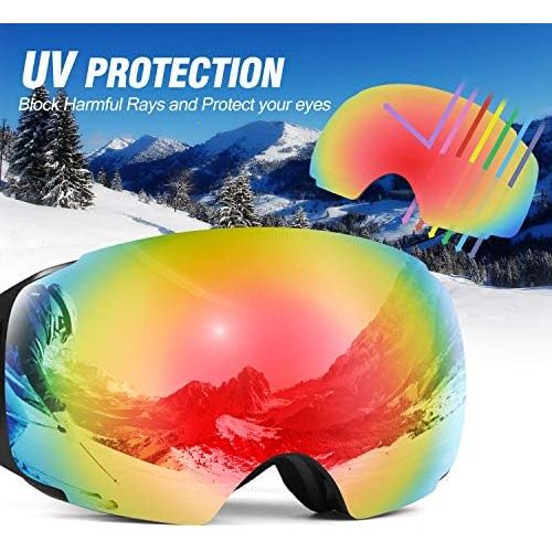  Odoland Magnetic Interchangeable Ski Goggles with 2 Lens, Large Spherical Frameless Snow Snowboard Goggles for Men Women