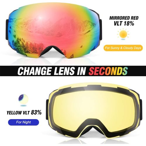  Odoland Magnetic Interchangeable Ski Goggles with 2 Lens, Large Spherical Frameless Snow Snowboard Goggles for Men Women