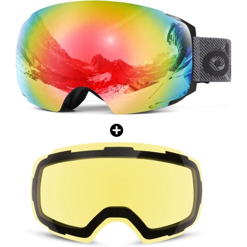  Odoland Magnetic Interchangeable Ski Goggles with 2 Lens, Large Spherical Frameless Snow Snowboard Goggles for Men Women