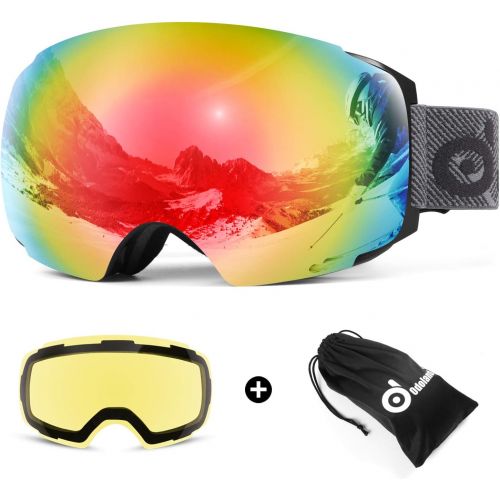  Odoland Magnetic Interchangeable Ski Goggles with 2 Lens, Large Spherical Frameless Snow Snowboard Goggles for Men Women