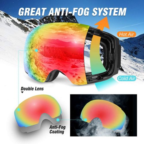  Odoland Magnetic Interchangeable Ski Goggles with 2 Lens, Large Spherical Frameless Snow Snowboard Goggles for Men Women