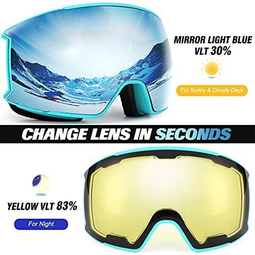  Odoland Magnetic Interchangeable Ski Goggles Set with 2 Lens, Anti-Fog 100%UV Protection Snowboard Snow Goggles for Men Women