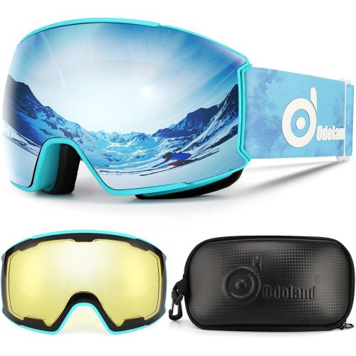  Odoland Magnetic Interchangeable Ski Goggles Set with 2 Lens, Anti-Fog 100%UV Protection Snowboard Snow Goggles for Men Women