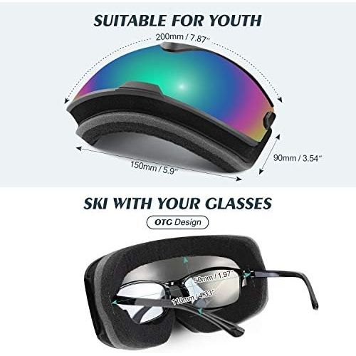  Odoland Kids Ski Goggles, Snowboard Goggles for Youth Skiing Age 8-16, Snow Goggles S2 Double Lens Anti-Fog UV Protection