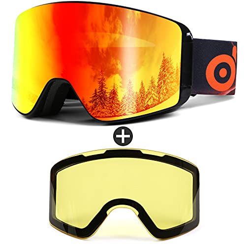  Odoland Ski Goggles with Detachable Lens, Frameless Interchangeable Lens Anti-Fog 100% UV Protection Snowboard Snow Goggles