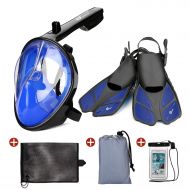 Odoland 5-in-1 Snorkeling Packages, Full Face Snorkel Mask with Adjustable Swim Fins and Lightweight Backpack and Waterproof Case - GoPro Compatible