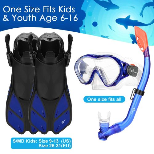  Odoland Snorkel Set 6-in-1 Snorkeling Packages, Diving Mask with Splash Guard Snorkel and Adjustable Swim Fins and Lightweight Mesh Bag and Waterproof Case and Beach Blanket