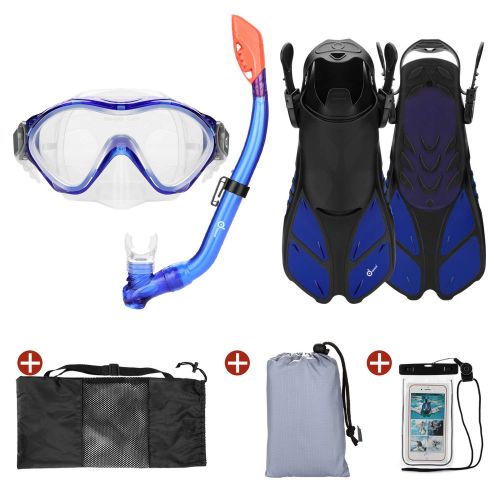  Odoland Snorkel Set 6-in-1 Snorkeling Packages, Diving Mask with Splash Guard Snorkel and Adjustable Swim Fins and Lightweight Mesh Bag and Waterproof Case and Beach Blanket