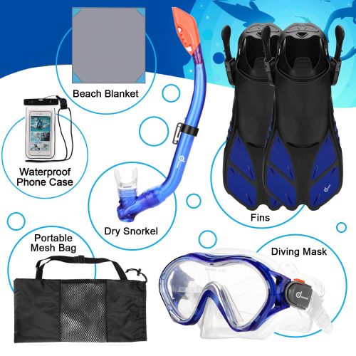  Odoland Snorkel Set 6-in-1 Snorkeling Packages, Diving Mask with Splash Guard Snorkel and Adjustable Swim Fins and Lightweight Mesh Bag and Waterproof Case and Beach Blanket