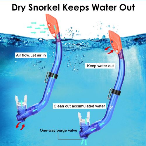  Odoland Snorkel Set 6-in-1 Snorkeling Packages, Diving Mask with Splash Guard Snorkel and Adjustable Swim Fins and Lightweight Mesh Bag and Waterproof Case and Beach Blanket