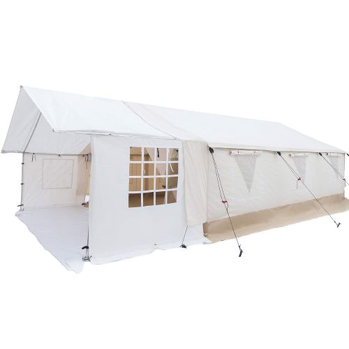  Odoland White Duck Outdoors Complete Canvas Wall Tent with Heavy Duty Aluminum Frame, Angle Kit and PVC Floor for Elk Hunting, Outfitter and Camping