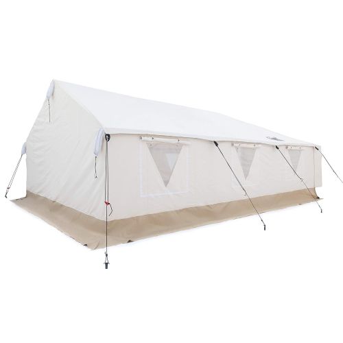  Odoland White Duck Outdoors Complete Canvas Wall Tent with Heavy Duty Aluminum Frame, Angle Kit and PVC Floor for Elk Hunting, Outfitter and Camping