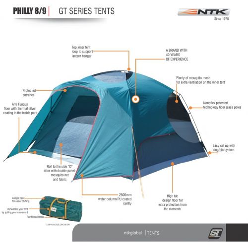  Odoland NTK Philly GT Outdoor Dome Family Camping Tent 100% Waterproof 2500mm, Easy Assembly, Durable Fabric Rainfly, Micro Mosquito Mesh (Available in 3,4,6 and 9 Persons)