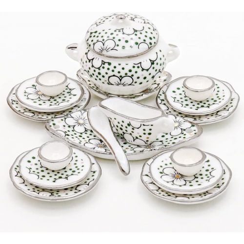  Odoria 1:12 Miniature 17Pcs Porcelain Dinnerware Set Plates Dishes Bowls Plum Blossom Dollhouse Kitchen Food Accessories