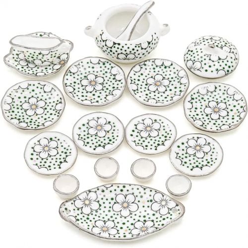  Odoria 1:12 Miniature 17Pcs Porcelain Dinnerware Set Plates Dishes Bowls Plum Blossom Dollhouse Kitchen Food Accessories
