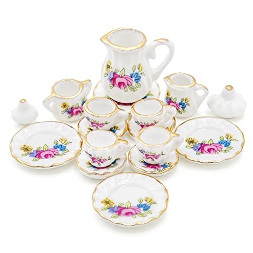  Odoria 1:12 Miniature 15Pcs Porcelain Tea Cup Sets Teapot Set Dollhouse Decoration Accessories, Pink Blossom