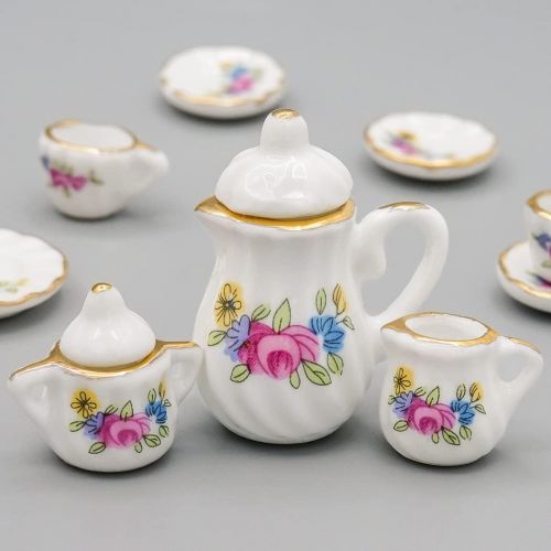  Odoria 1:12 Miniature 15Pcs Porcelain Tea Cup Sets Teapot Set Dollhouse Decoration Accessories, Pink Blossom