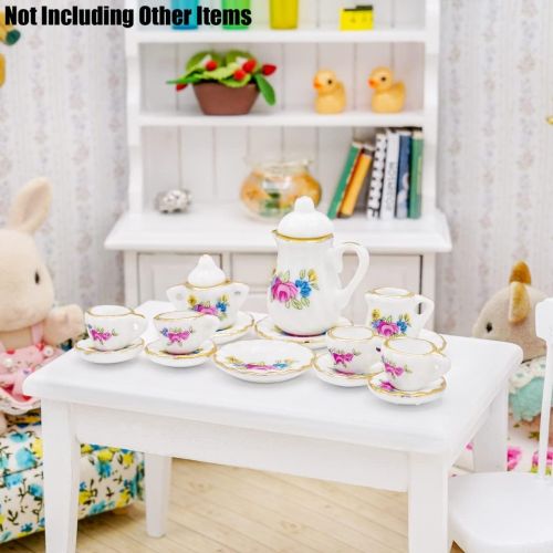  Odoria 1:12 Miniature 15Pcs Porcelain Tea Cup Sets Teapot Set Dollhouse Decoration Accessories, Pink Blossom