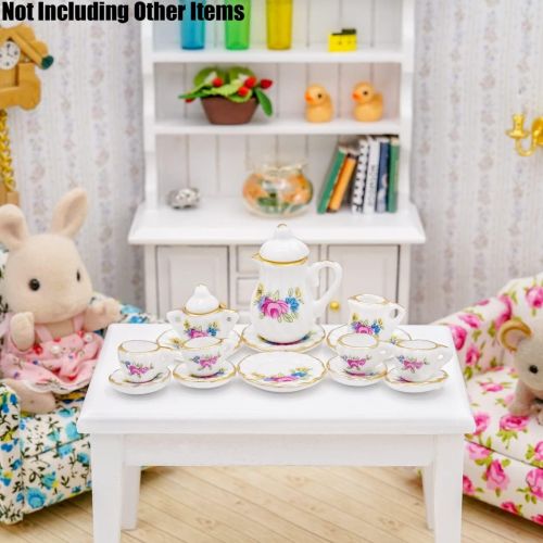  Odoria 1:12 Miniature 15Pcs Porcelain Tea Cup Sets Teapot Set Dollhouse Decoration Accessories, Pink Blossom