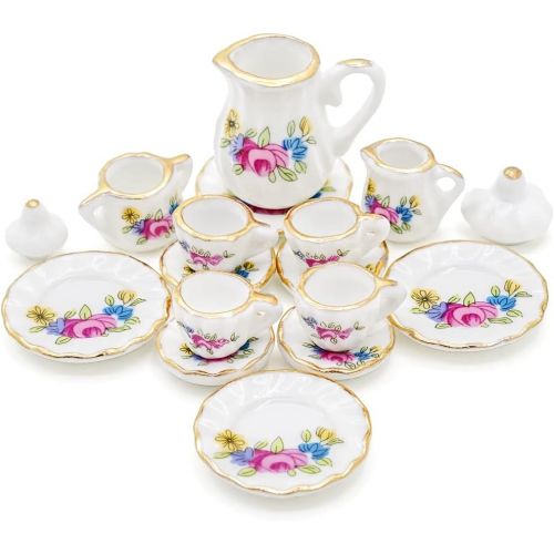  Odoria 1:12 Miniature 15Pcs Porcelain Tea Cup Sets Teapot Set Dollhouse Decoration Accessories, Pink Blossom