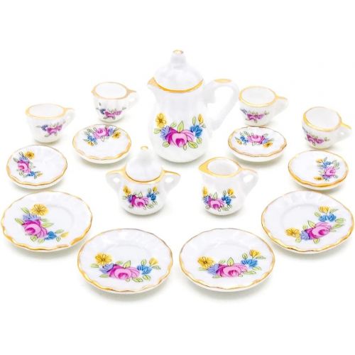  Odoria 1:12 Miniature 15Pcs Porcelain Tea Cup Sets Teapot Set Dollhouse Decoration Accessories, Pink Blossom