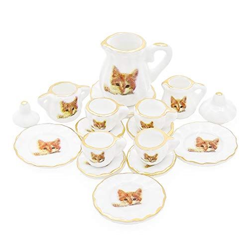  Odoria 1:12 Miniature 15Pcs Porcelain Tea Cup Sets Teapot Set Dollhouse Decoration Accessories, Cat