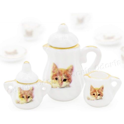  Odoria 1:12 Miniature 15Pcs Porcelain Tea Cup Sets Teapot Set Dollhouse Decoration Accessories, Cat