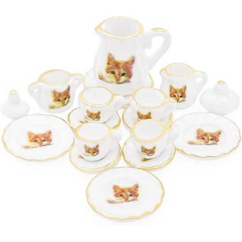 Odoria 1:12 Miniature 15Pcs Porcelain Tea Cup Sets Teapot Set Dollhouse Decoration Accessories, Cat