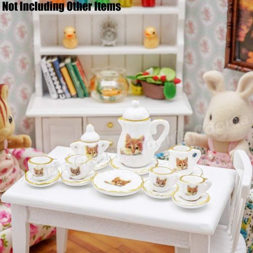  Odoria 1:12 Miniature 15Pcs Porcelain Tea Cup Sets Teapot Set Dollhouse Decoration Accessories, Cat