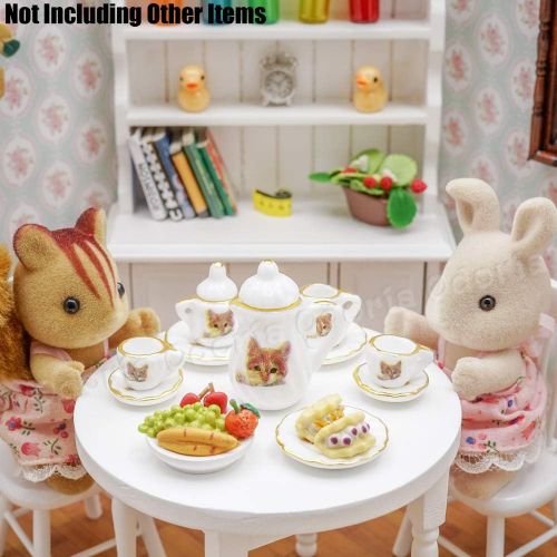  Odoria 1:12 Miniature 15Pcs Porcelain Tea Cup Sets Teapot Set Dollhouse Decoration Accessories, Cat