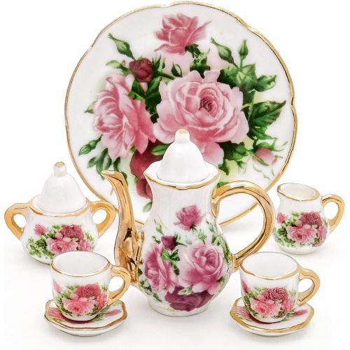  Odoria 1:6 Miniature 8Pcs Porcelain Tea Cup Sets Teapot Set Dollhouse Decoration Accessories, Red Rose