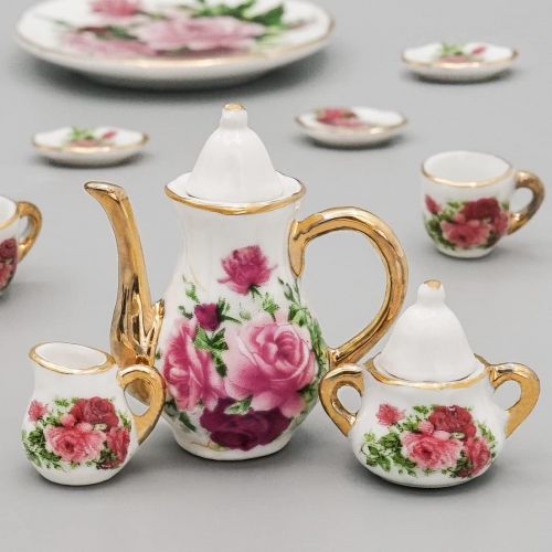  Odoria 1:6 Miniature 8Pcs Porcelain Tea Cup Sets Teapot Set Dollhouse Decoration Accessories, Red Rose