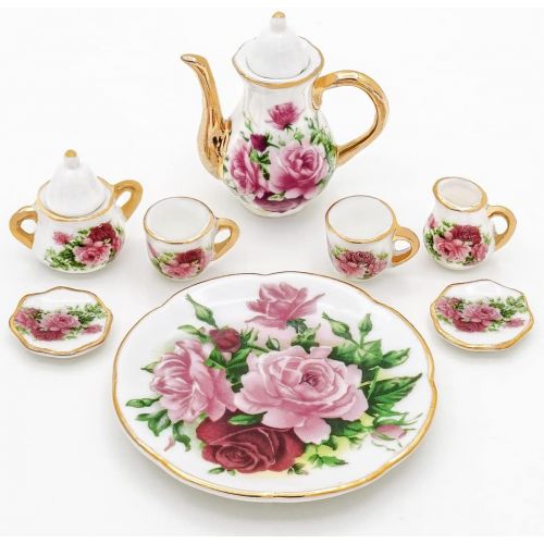  Odoria 1:6 Miniature 8Pcs Porcelain Tea Cup Sets Teapot Set Dollhouse Decoration Accessories, Red Rose