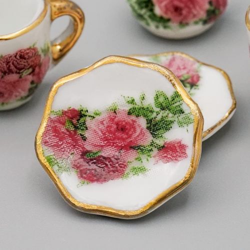  Odoria 1:6 Miniature 8Pcs Porcelain Tea Cup Sets Teapot Set Dollhouse Decoration Accessories, Red Rose