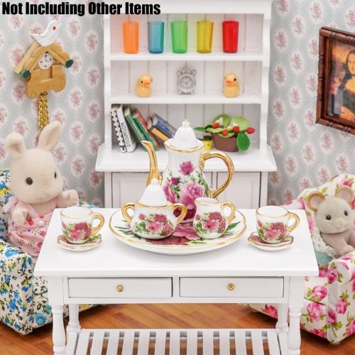  Odoria 1:6 Miniature 8Pcs Porcelain Tea Cup Sets Teapot Set Dollhouse Decoration Accessories, Red Rose
