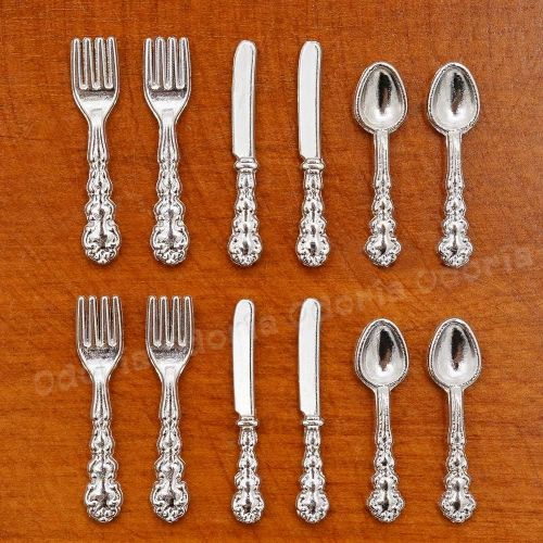  Odoria 1:12 Miniature Knife Fork Spoon 12Pcs Silverware Tableware Cutlery Dollhouse Kitchen Food Accessories