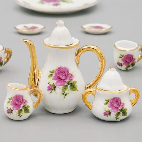  Odoria 1:6 Miniature 8Pcs Porcelain Tea Cup Sets Teapot Set Dollhouse Decoration Accessories, Purple