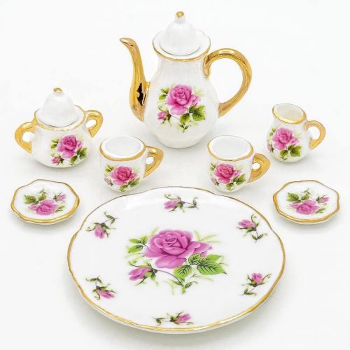  Odoria 1:6 Miniature 8Pcs Porcelain Tea Cup Sets Teapot Set Dollhouse Decoration Accessories, Purple