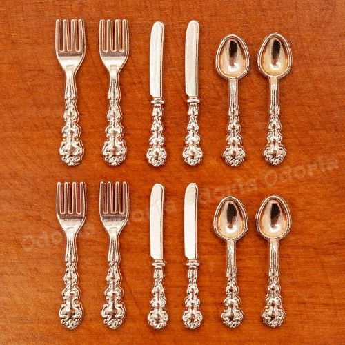  Odoria 1:12 Miniature Spoon Fork Knife 12Pcs Silverware Tableware Cutlery Dollhouse Kitchen Food Accessories