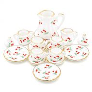 Odoria 1:12 Miniature 15Pcs Porcelain Tea Cup Sets Teapot Set Dollhouse Decoration Accessories, Cherry