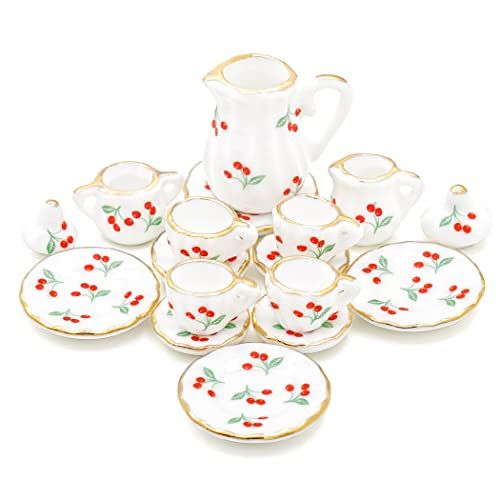  Odoria 1:12 Miniature 15Pcs Porcelain Tea Cup Sets Teapot Set Dollhouse Decoration Accessories, Cherry