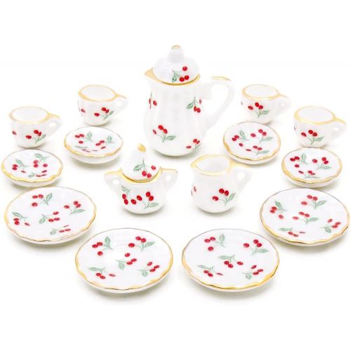  Odoria 1:12 Miniature 15Pcs Porcelain Tea Cup Sets Teapot Set Dollhouse Decoration Accessories, Cherry