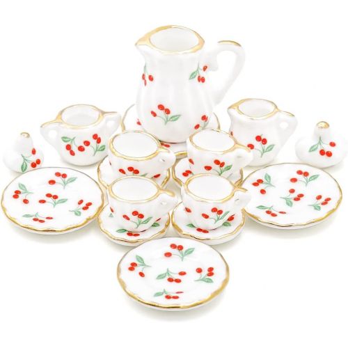  Odoria 1:12 Miniature 15Pcs Porcelain Tea Cup Sets Teapot Set Dollhouse Decoration Accessories, Cherry