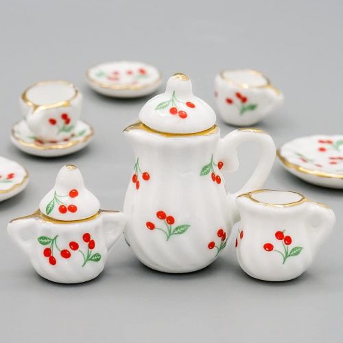 Odoria 1:12 Miniature 15Pcs Porcelain Tea Cup Sets Teapot Set Dollhouse Decoration Accessories, Cherry