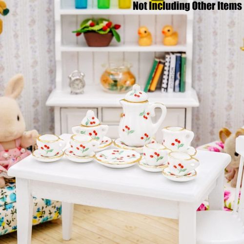  Odoria 1:12 Miniature 15Pcs Porcelain Tea Cup Sets Teapot Set Dollhouse Decoration Accessories, Cherry