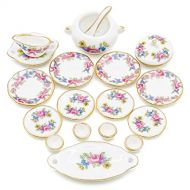 Odoria 1:12 Miniature 17Pcs Porcelain Dinnerware Set Plates Dishes Bowls Pink Rose Dollhouse Kitchen Food Accessories