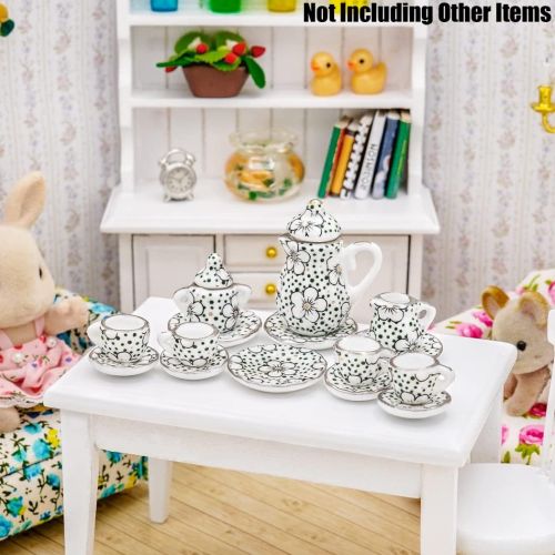  Odoria 1:12 Miniature 15Pcs Porcelain Tea Cup Sets Teapot Set Dollhouse Decoration Accessories, Plum Blossom