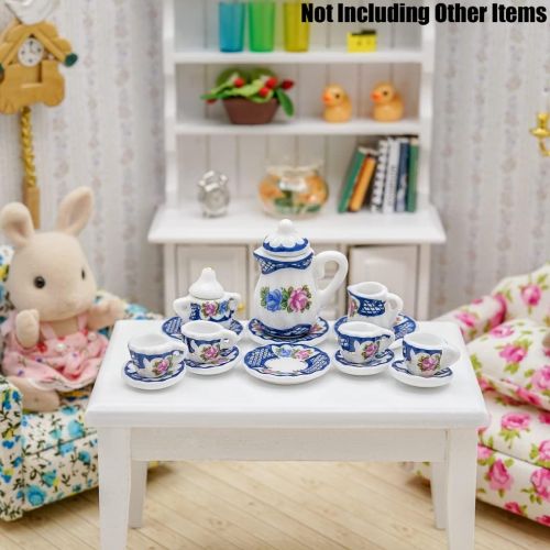  Odoria 1:12 Miniature 15Pcs Porcelain Tea Cup Sets Teapot Set Dollhouse Decoration Accessories, Blue Blossom